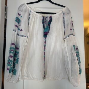 Blue Boheme white peasant top with purple and blue embroidery